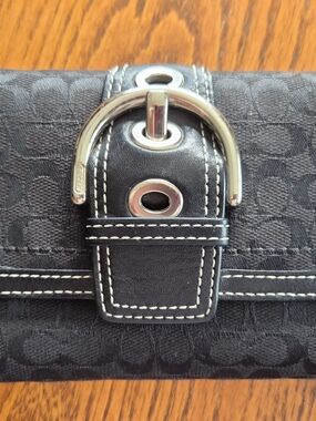 Coach Black Signature Canvas Wallet with Silver Buckle